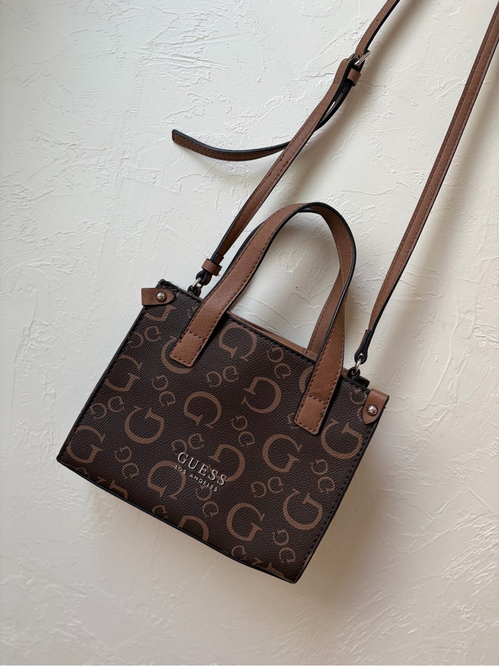 Guess Brown Logo Mini Tote Crossbody Bag Monogram Top Handle Purse